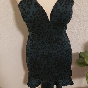 Leopard sweetheart strapless, Size 11. Mini dress, ruffle hem, black& dark teal